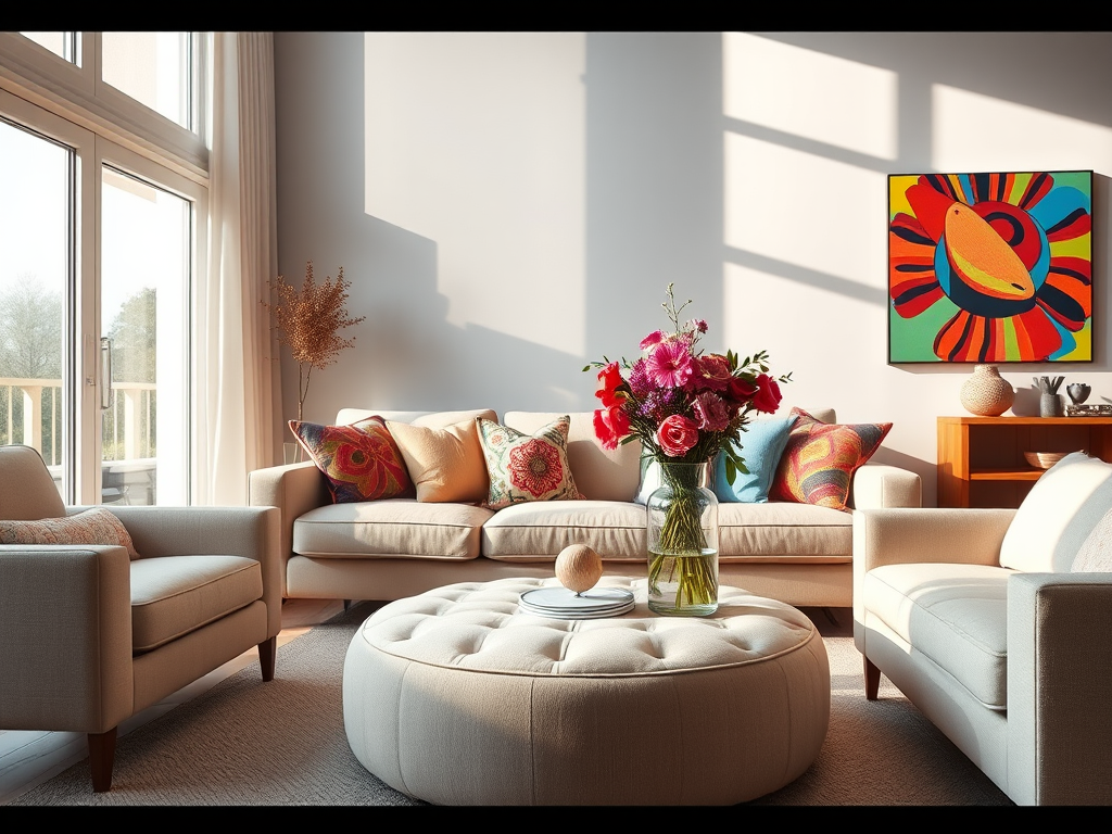 Interior living room scene with modern furniture, bright natural light streaming through large windows, a soft round ottoman in the center, colorful throw pillows on a beige sofa, a glass vase with fresh flowers on a wooden coffee table, vibrant artwork on the wall, use a Canon EOS R5 camera, aperture f/2.8, ISO 200, shutter speed 1/125s, focal length 24mm, HDR style for enhanced details.