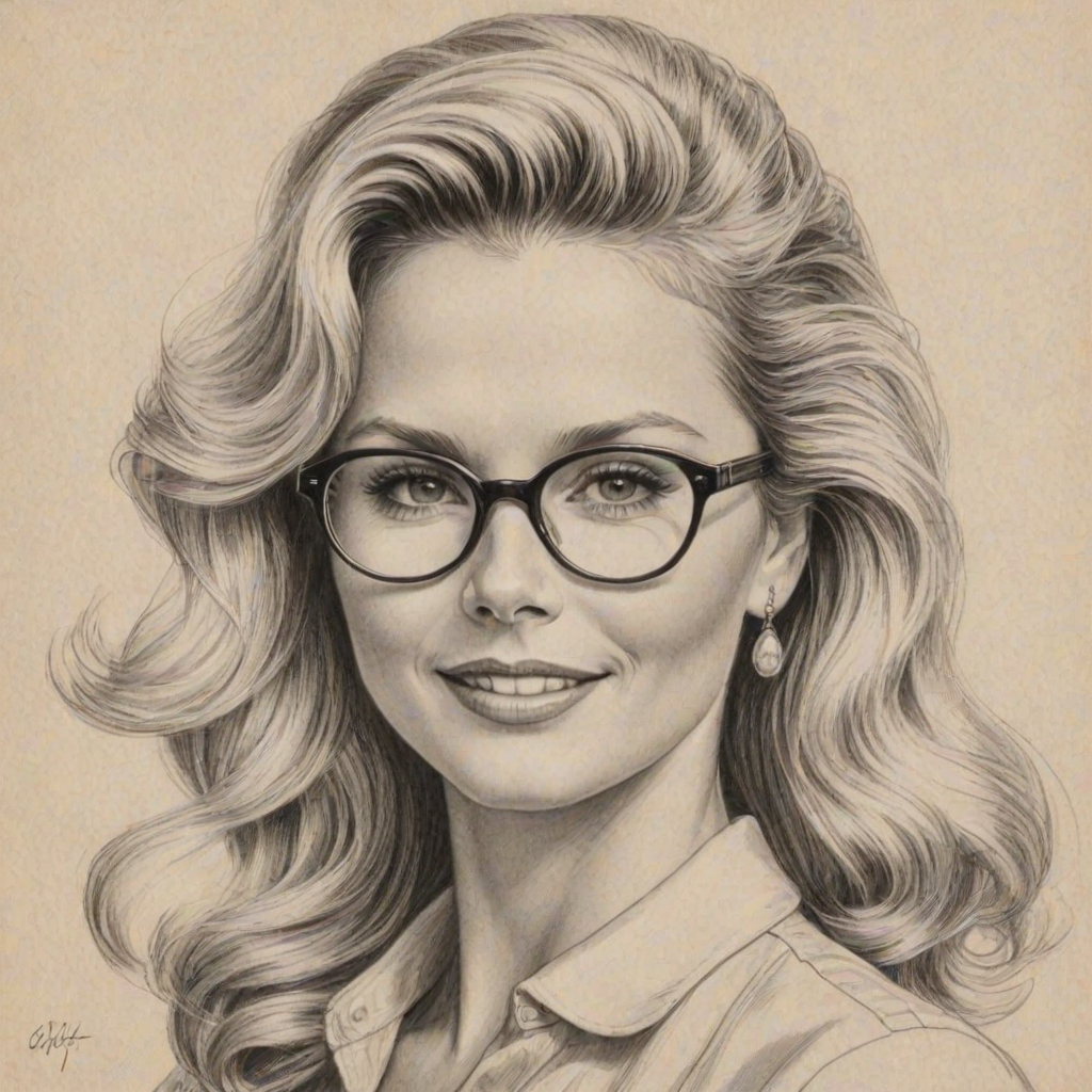 Pleasing Christie Brinkley, pencil sketch, portrait of Graceful woman 1942s in glasses, hair style beatnik, outline, clear lines, fine lines, 8k