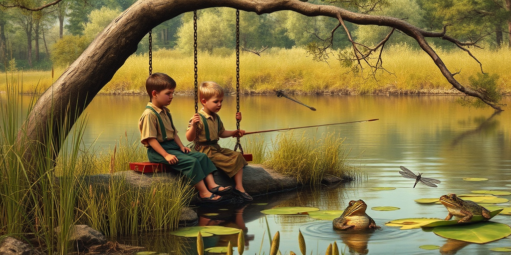 Imagine a small group of old fashioned young boys out fishing by the creek, a swing hanging from a tree branch, reeds and grasses by the water's edge, a frog sitting on a lily pad, dragonflies hovering over som water plans, a very iconic old fashioned scene reminiscent of a Norman Rockwell painting style