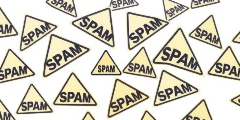 Create an image of multiple triangular warning signs with the word "SPAM" in bold black letters on a bright white background, arranged dynamically in a chaotic pattern, taken with a DSLR camera, aperture f/4, shutter speed 1/125 sec, ISO 100, focus mode on manual, wide-angle view.