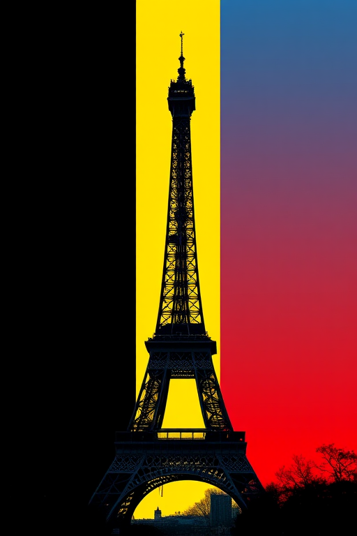 Create an image of the Eiffel Tower silhouette in front of a vertical tricolor background of black, yellow, and red, captured with a DSLR camera, 50mm lens, f/1.8 aperture, ISO 100, in bright daylight with a clear blue sky.