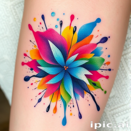 Vibrant watercolor splash tattoo named "Spectrum Burst" featuring a kaleidoscope of bright hues blending seamlessly, creating an abstract masterpiece on skin. Fluid brush strokes and paint splatters intertwine, giving the illusion of motion and energy. Delicate outlines in black ink add definition to the colorful chaos, enhancing its artistic appeal.