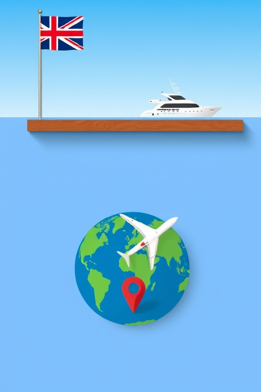 Generate a high-resolution vector-style image featuring a flat surface with a flag in the top left corner, a boat on water in the top right, an airplane circling the globe in the bottom left, and a location pin on a map in the bottom right, captured with a DSLR camera at f/8 aperture, 1/250 shutter speed, ISO 100, wide-angle lens for depth, with a clean and minimalistic aesthetic.
