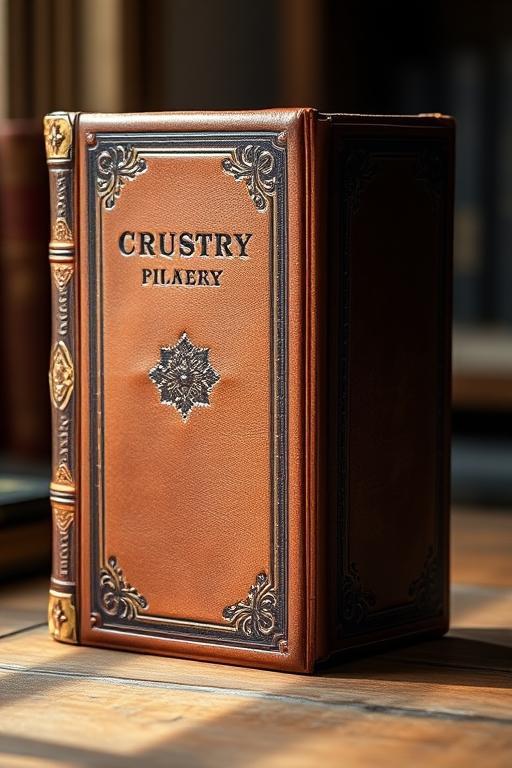 Create an image of a vintage leather-bound book with ornate detailing on the spine and a blank cover, shot with a Canon EOS R5 at f/1.8, ISO 100, 50mm lens, soft natural lighting, and a shallow depth of field to emphasize the texture of the leather.