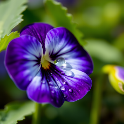 Close-up of a purple pansy flower with water droplets, macro lens, 50mm f/1.8 aperture, ISO 200, natural light, shallow depth of field, captured with a DSLR camera.