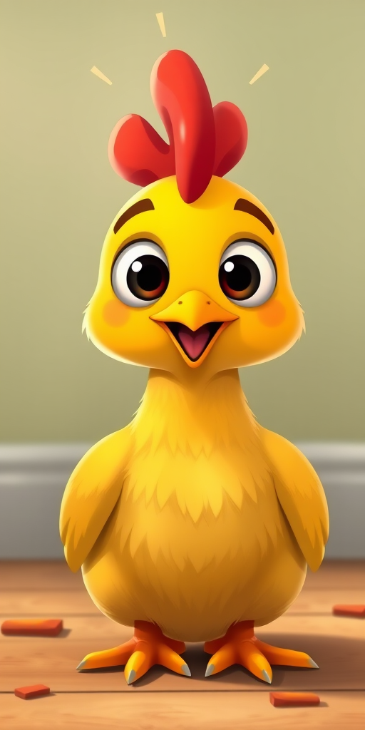 create a cartoon-style illustration of a cheerful yellow chicken with large eyes and a red comb sitting down, captured in a high-resolution digital format with a Canon EOS 5D Mark IV camera, using a 50mm lens at f/2.8 for sharp focus, soft background and vibrant colors, in a well-lit environment to enhance clarity and detail