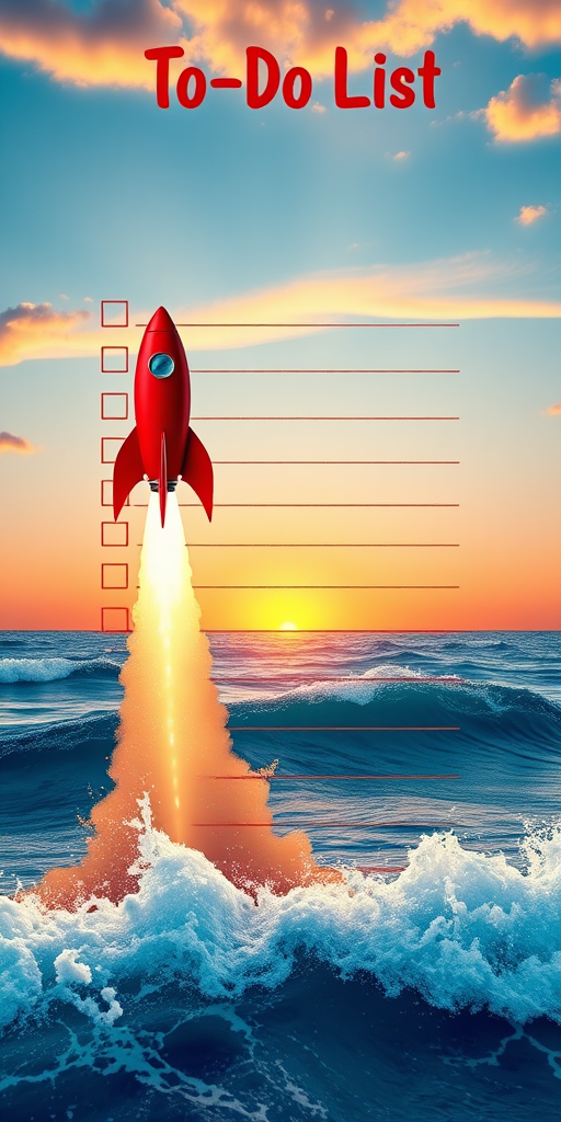 Create a colorful to-do list template featuring a red rocket launching above ocean waves with a sunset in the background, ensure the design is vibrant and engaging, use a Canon EOS R5, aperture f/2.8, ISO 100, focal length 50mm, shot from a bird's eye view to enhance image quality.