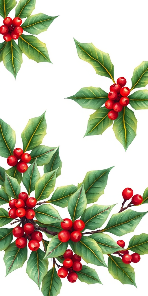 create a vibrant illustration of holly leaves and red berries in a festive arrangement against a plain background, use a high-resolution digital camera setting of 300 DPI, capture with a macro lens at f/2.8 for sharp detail, adjust for natural lighting to enhance colors, use a soft focus technique for a dreamy effect