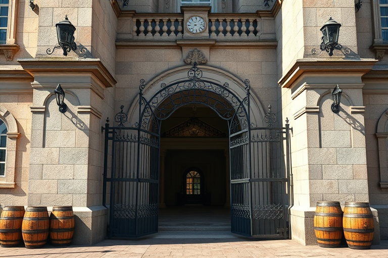 Generate a detailed architectural scene of a grand entrance with two open iron gates, flanked by stone pillars with ornate lanterns, featuring stacked wooden barrels nearby, designed in a realistic style, captured with a DSLR camera at f/8 aperture, ISO 100, 24mm wide-angle lens, in bright daylight to enhance clarity and texture.