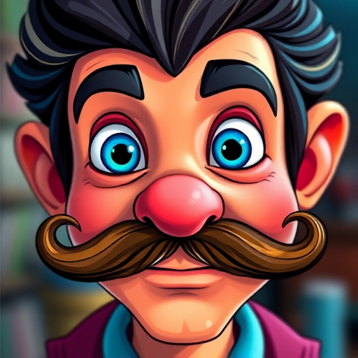 Create a colorful, stylized illustration of a character with exaggerated features, vibrant blue eyes and a large mustache, using a DSLR camera with a 50mm lens, f/1.8 aperture, ISO 100, capturing a close-up view with soft lighting and a blurred background for enhanced focus on the character.