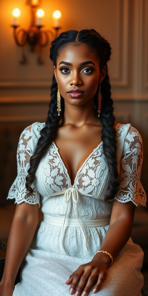 Create a portrait of a refined and elegant Samoan woman seated in a sophisticated setting. She has long, wavy hair styled in two thick braids that are pulled over her shoulders. She wears a white, lace gown with intricate patterns, featuring a deep V-neckline and short sleeves. The dress exudes a vintage charm with its delicate lacework. She is adorned with ornate, dangling earrings that add a touch of glamour to her appearance. The background is softly lit, with warm, ambient lighting that creates a cozy and inviting atmosphere. Her expression is poised and serene, capturing a sense of grace and elegance.