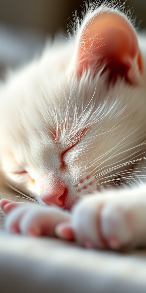 A close-up shot of a sleeping white kitten with soft fur, capturing serene details, natural light, using a DSLR camera with a 50mm lens, aperture set to f/2.8 for shallow depth of field, ISO 200, and a shallow focus to enhance the softness and tranquility of the scene.
