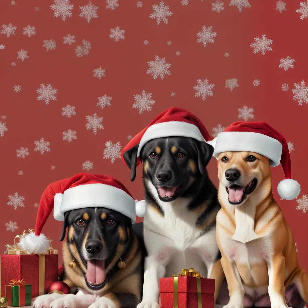 Three Festive Dogs in Santa Hats Surrounded by Holiday Gifts and Snowflakes