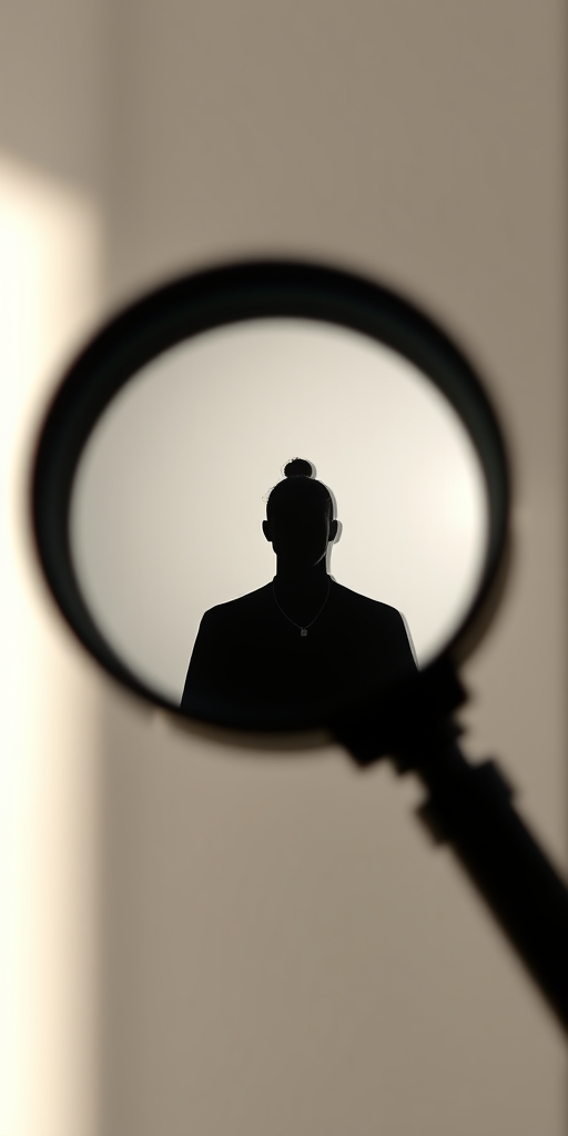 Create a smooth, high-resolution vector-style image of a magnifying glass focusing on a generic figure, using a DSLR camera with a 50mm lens, aperture set to f/1.8, ISO 100, and shot in natural light with a shallow depth of field to emphasize the silhouette.