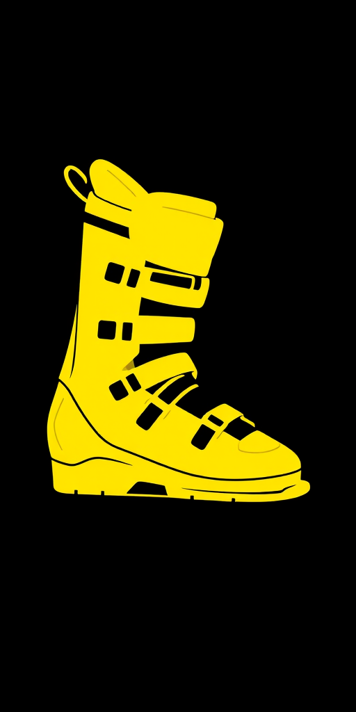 Create a high-resolution vector image of a minimalist ski boot and ski design in bright yellow, set against a black background, using a Canon EOS R5 camera with a 50mm f/1.2 lens, aperture set to f/2.8, ISO 100, and a 1/100 shutter speed to ensure vibrant color and sharp detail.
