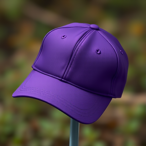 Create an illustration of a purple cap with a red patch, using a DSLR camera with a 50mm lens at f/2.8, ISO 100, and a shallow depth of field to enhance details against a blurred background.
