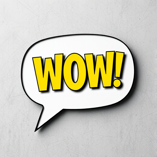 Create a vibrant speech bubble graphic with the word WOW in bold yellow letters, textured background, shot with a Canon EOS R5, f/2.8 aperture, ISO 100, 50mm lens, 4k resolution, studio lighting for enhanced detail and clarity.
