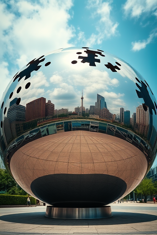 Create a hyper-realistic image of a large reflective metal sphere with intricate cutout designs showcasing a skyline, captured with a Canon EOS R5 using a 50mm f/1.2 lens at f/4, ISO 100, and a shutter speed of 1/125s, from a low angle view in natural lighting to accentuate reflections and details.