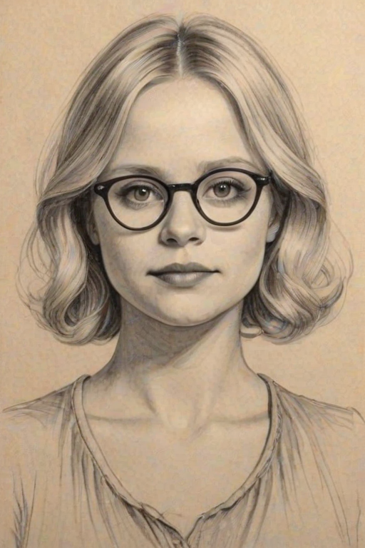 Bewitching Lauren Potter, pencil sketch, portrait of Wonderful woman 1921s in glasses, hair style beatnik, outline, clear lines, fine lines, 8k
