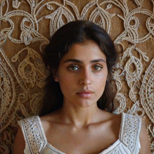 Face, shoulders, chest covered in openwork Romani embroidery. Raw, unedited image.