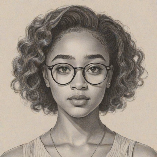 Charming Amandla Stenberg, pencil sketch, portrait of Charming woman 1964s in glasses, hair style beatnik, outline, clear lines, fine lines, 8k