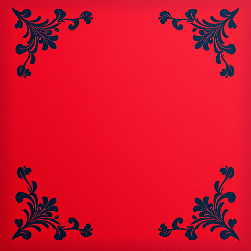 Create a rich red background with a vintage textured appearance, featuring ornate dark blue floral corner designs, shot with a DSLR camera at f/2.8, ISO 100, 50mm lens, in natural soft lighting for enhanced detail and depth.