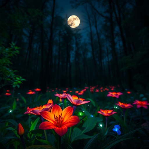 A vibrant nighttime forest scene featuring glowing flowers, with a full moon illuminating the landscape, shot with a DSLR camera at f/2.8 aperture, ISO 400, 1/60s shutter speed, 24mm focal length, using a macro lens for enhanced detail and depth of field.