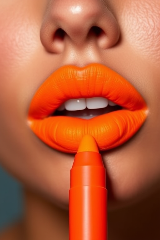 Electric neon orange matte lip crayon with precise application, titled "Citrus Surge," offering long-lasting color and a comfortable, non-drying formula, ideal for statement-making styles
