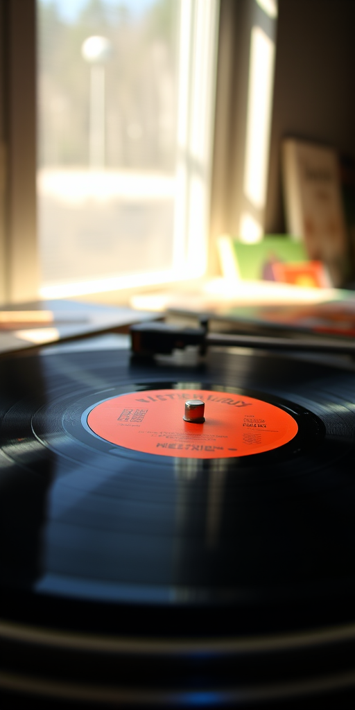 Close-up of a vintage vinyl record spinning on a turntable, soft natural light from a nearby window casting gentle shadows on the record, with album covers scattered in the background.