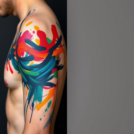 Abstract expressionist tattoo titled "Emotion in Motion" featuring bold, gestural brushstrokes and vibrant color fields that flow across the body, creating a sense of movement and energy while evoking raw emotions through the interplay of colors and forms