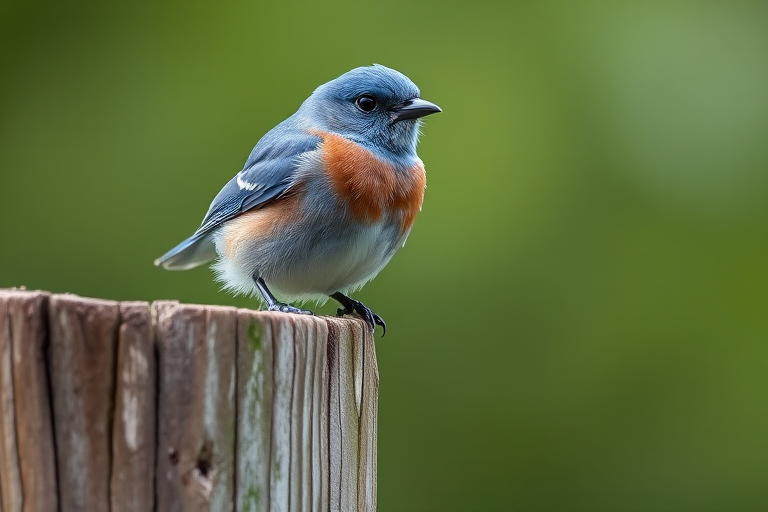 Capture a close-up of a bluebird perched on a wooden post, with a blurred green background, using a DSLR camera at f/4 aperture, ISO 200, shutter speed 1/500 sec, in natural light, employing a macro lens for enhanced detail.