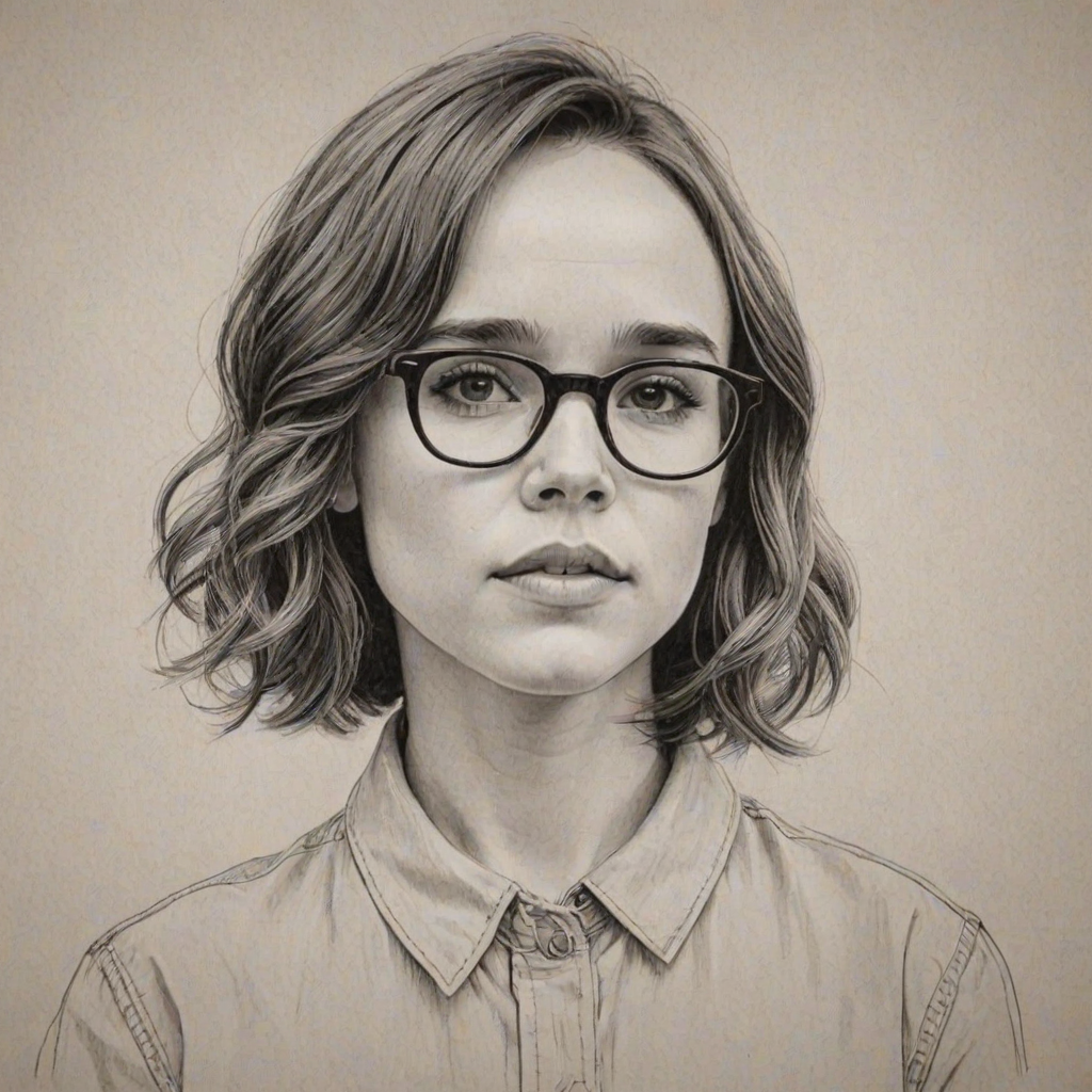 Lovely Ellen Page, pencil sketch, portrait of Exquisite woman 1951s in glasses, hair style beatnik, outline, clear lines, fine lines, 8k