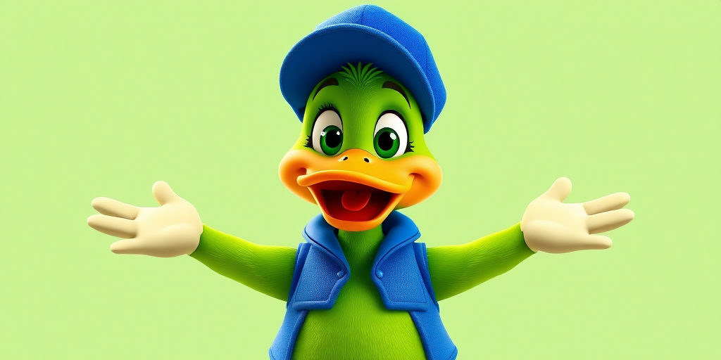 Create an animated character of a cheerful green duck wearing a blue cap and a blue vest, arms outstretched in a welcoming pose, high resolution, 300 dpi, DSLR camera, 50mm lens, f/2.8 aperture, bright lighting, vibrant colors, medium shot.