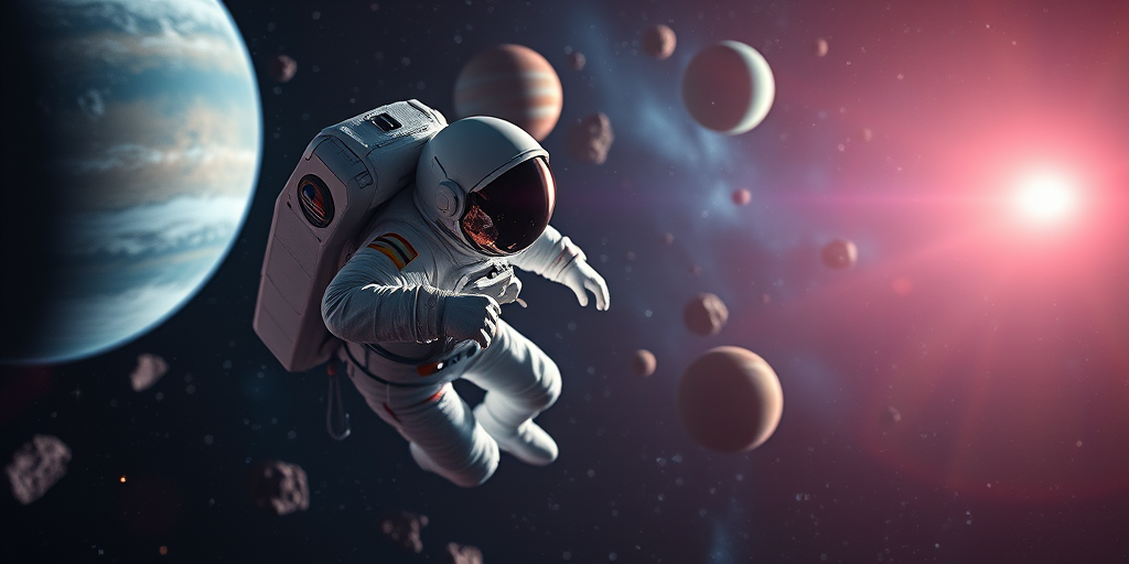 Create a high-resolution image of an astronaut floating in space with vibrant planets and asteroids in the background, captured using a DSLR camera at f/2.8, ISO 100, 24mm lens, in a wide-angle perspective with a cinematic style for dynamic lighting and rich colors.