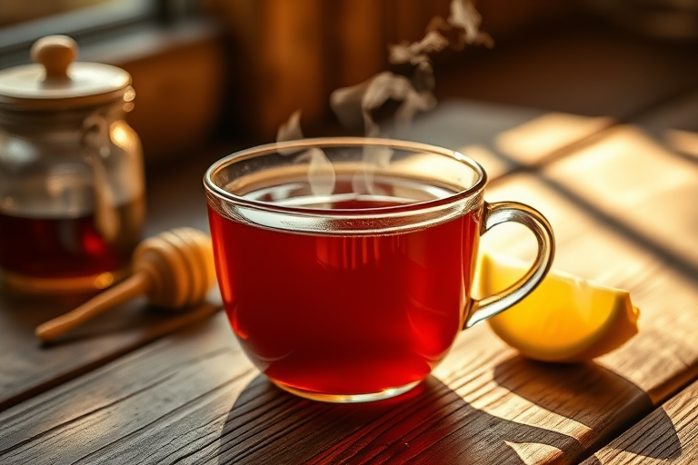 Warmly lit, close-up photo of a freshly brewed cup of tea on a rustic wooden table, soft steam rising from the cup, with a lemon wedge and honey jar nearby, illuminated by soft afternoon sunlight.