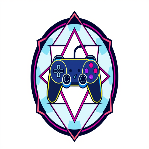 Create a vibrant graphic design of a retro gaming controller centered within a geometric emblem, using a high-resolution digital art style, captured with a Canon EOS R5, 50mm lens, f/1.8 aperture, 1/125 sec shutter speed, ISO 200, in a well-lit studio setting.