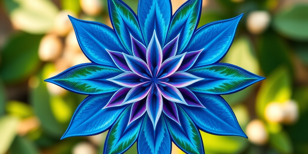Create a high-resolution geometric design featuring a blue flower of life on one half and a colorful star on the other, using a DSLR camera with a 50mm lens, aperture set to f/2.8, ISO 100, shot from a top-down angle with soft natural lighting for enhanced clarity and detail.