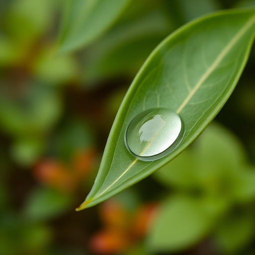 a close-up of a water droplet on a green leaf with a blurred background of garden foliage