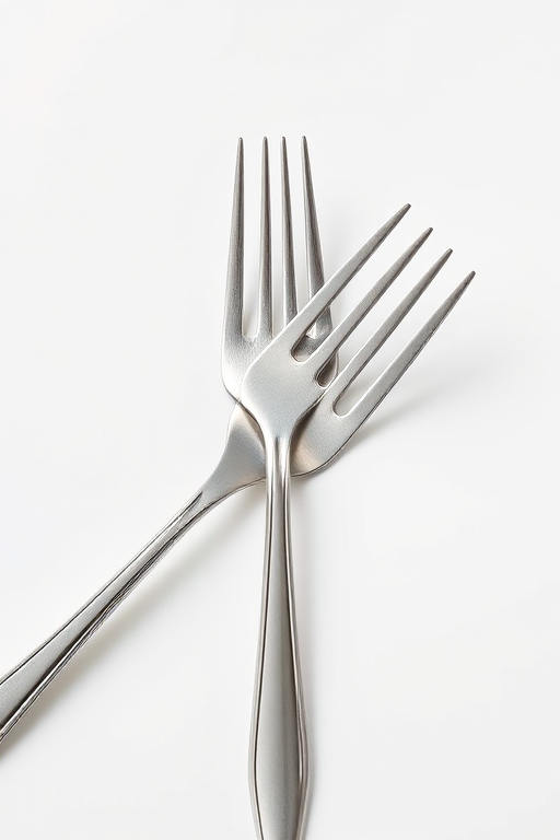 Create a high-resolution image of a stainless steel fork on a plain white background, use a DSLR camera with a 50mm lens at f/2.8 aperture, aperture priority mode, and a shutter speed of 1/125s, ensure soft natural lighting to enhance reflections.