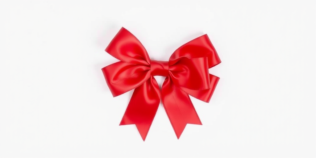 Create a high-resolution image of a red ribbon bow centered on a white background, using a DSLR camera with a 50mm lens, aperture set to f/2.8, ISO 100, and a shallow depth of field for enhanced detail and clarity.