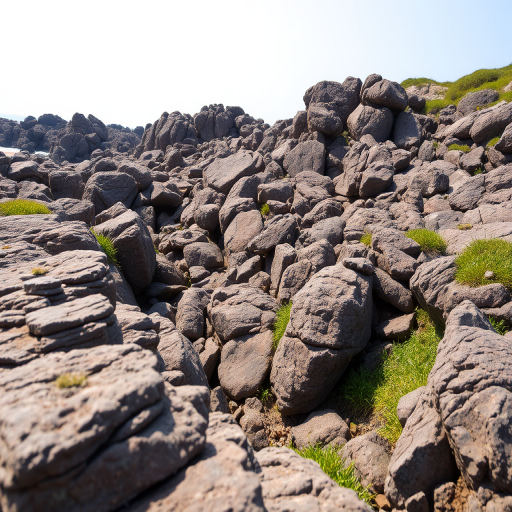 Generate a high-resolution image of a rocky coastal landscape with intricate textures on the rocks and patches of greenery in the foreground, captured with a DSLR camera using a wide-angle lens at f/8 aperture, ISO 100, 1/250 sec exposure, shot from a low angle to emphasize the rock formations and shoreline, with natural lighting for enhanced detail and contrast.