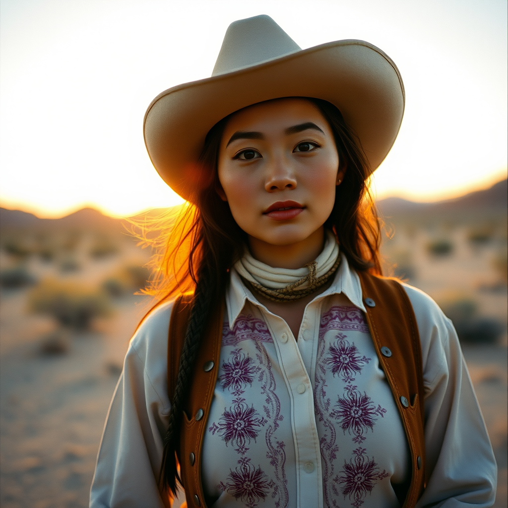 Dramatic photo of a beautiful Hmong woman, classic cowboy attire, confident and free spirit expression, half-length portrait, centered, golden hour desert landscape, warm, diffused light, low angle, medium format film camera, in style of Annie Leibovitz.