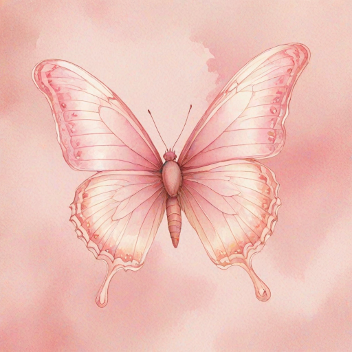 Create a watercolor illustration of a delicate pink butterfly with soft gradient wings, showcasing shades of light pink and cream. The butterfly should be depicted from a side view, highlighting its intricate wing patterns and gentle curves. The background should be minimal to emphasize the beauty of the butterfly.