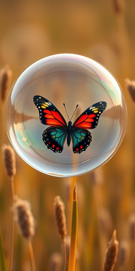 Capture a colorful butterfly within a translucent bubble floating in a field of golden grass, with a soft bokeh background, using a DSLR camera at f/2.8 aperture, ISO 200, 1/500 sec shutter speed, shot from a macro perspective to enhance detail and depth.