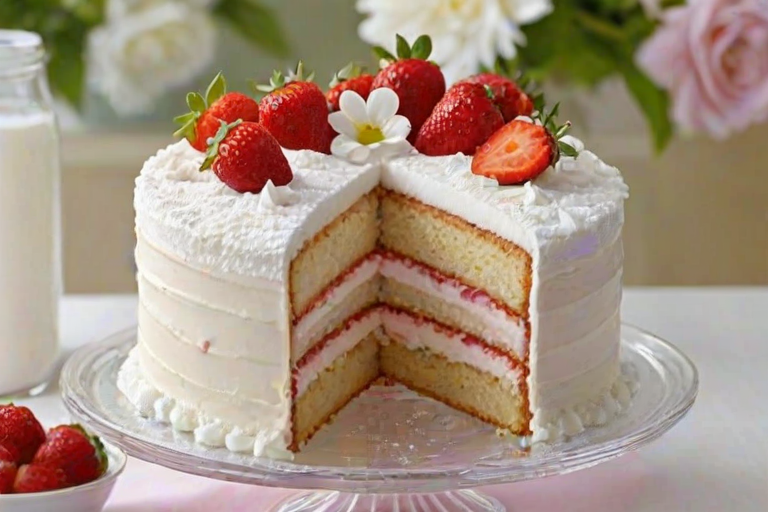 Create an image of a multi-layered cake with thin, delicate layers, showcasing a light and creamy filling. The cake should be elegantly displayed on a glass cake stand with a few fresh strawberries on top and light dusting of powdered sugar. Include soft, pastel-colored flowers in the background for a charming touch.
