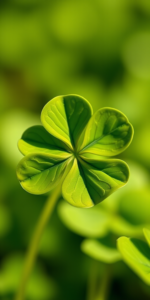 Regenerate a close-up image of a vibrant green four-leaf clover, soft bokeh background, DSLR camera, f/2.8 aperture, 50mm lens, ISO 100, natural sunlight illumination.