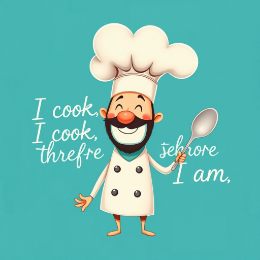 Create a high-resolution digital illustration of a whimsical chef character with a large chef hat, holding a spoon and smiling, surrounded by the text "I cook, therefore I am" in an elegant script, with a textured teal background, shot with a Canon EOS R5 at f/2.8, ISO 100, using a soft focus lens for a gentle bokeh effect.