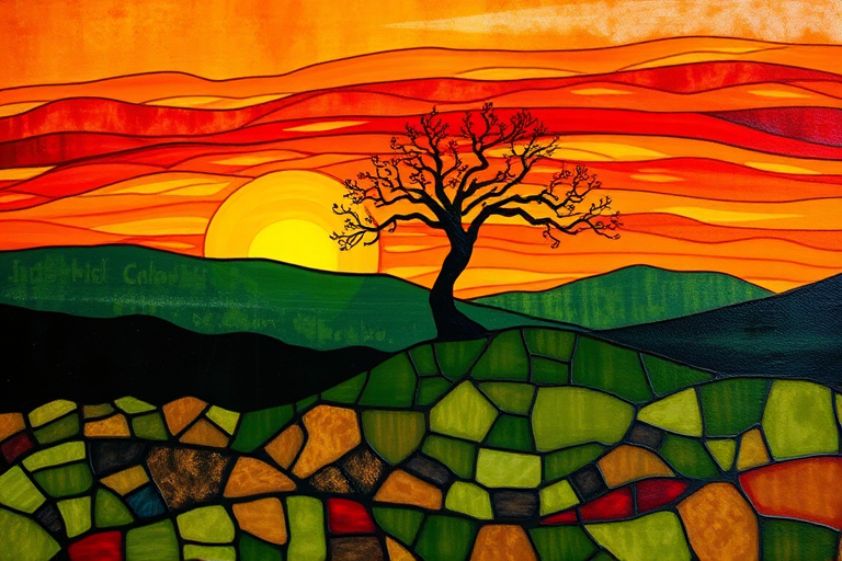 A vibrant abstract painting on Tiffany Glass, blending acrylic and alcohol ink techniques, captures a dramatic sunset over rolling hills. The artwork features a textured, rocky foreground in green and brown, layered abstract hills, and a striking sunset in rich oranges, yellows, and reds. A solitary black tree with intricate branches contrasts against the fiery sky, creating a dynamic and expressive portrayal of a breathtaking natural scene.