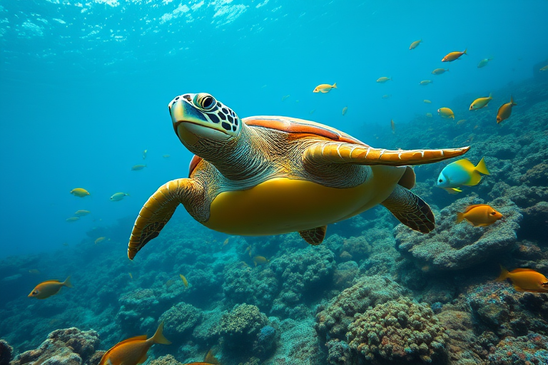 underwater scene of a vibrant turtle swimming gracefully with colorful fish in a coral reef, 35mm lens, f/8 aperture, ISO 200, soft natural lighting, wide-angle view, DSLR camera