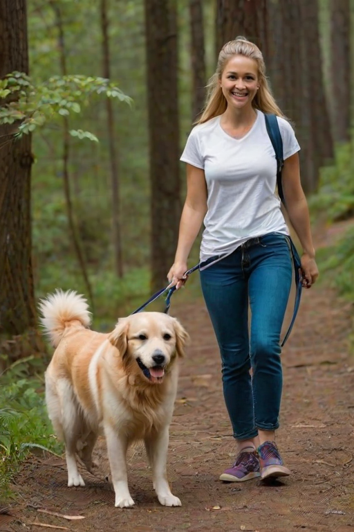 A young blonde woman walking her golden retriever in a serene forest, wearing a white t-shirt and fitted blue jeans, her hair tied back in a ponytail, with a few loose strands framing her bright smile, as she gazes down at her dog while holding the leash with a relaxed grip.